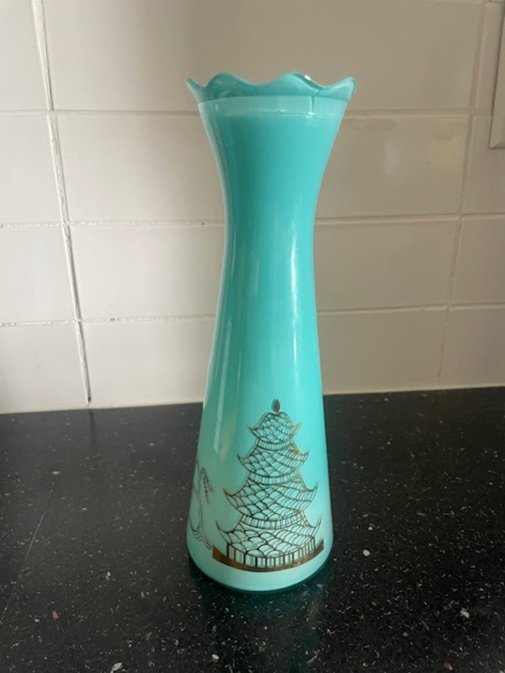 1960's Turquoise & Gold Glass Vase of Japanese Pagoda